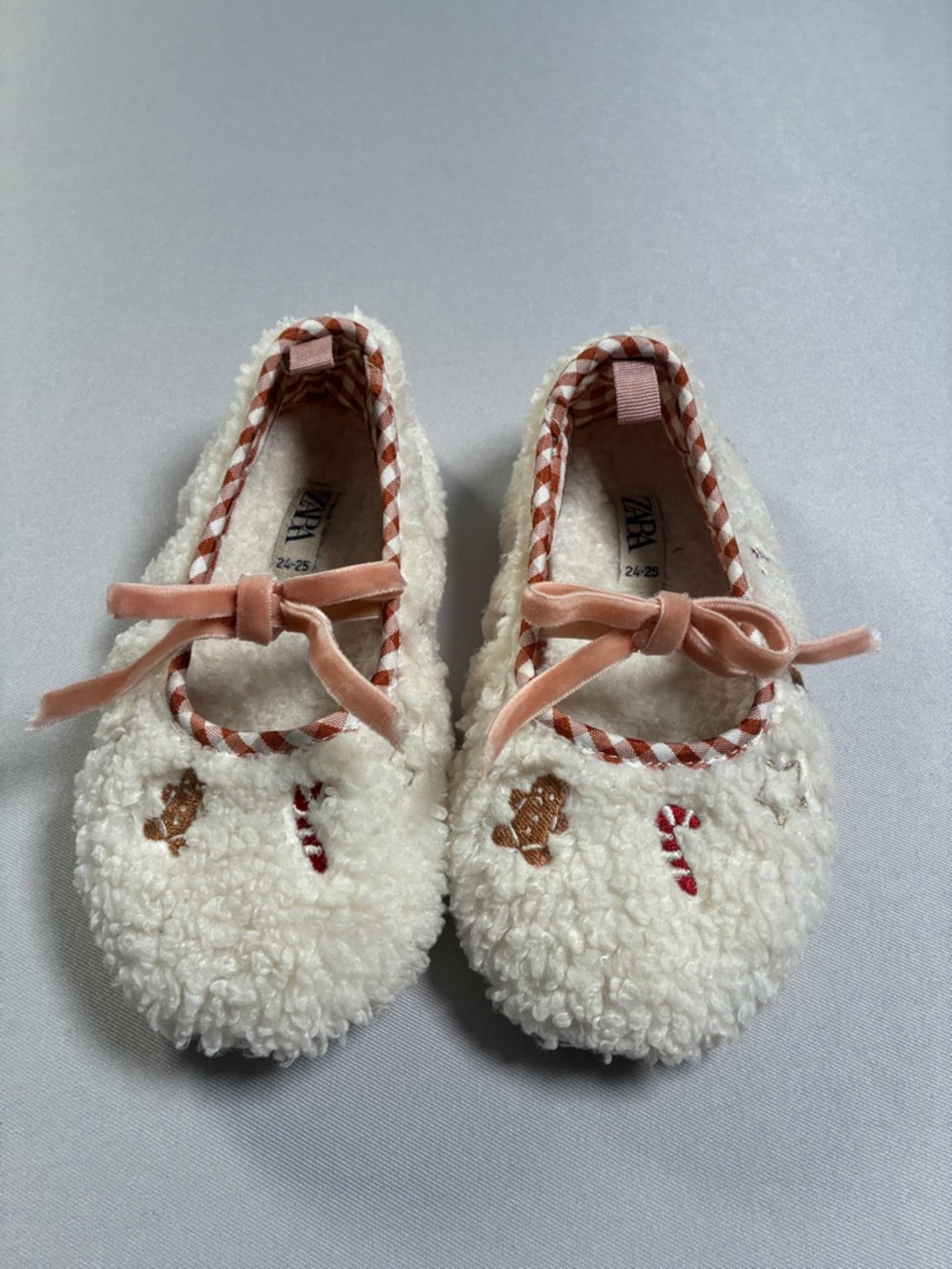 Zara Kids Cream Sherpa Ballet Slippers with Pink Trim & Embroidery Size 24/25
